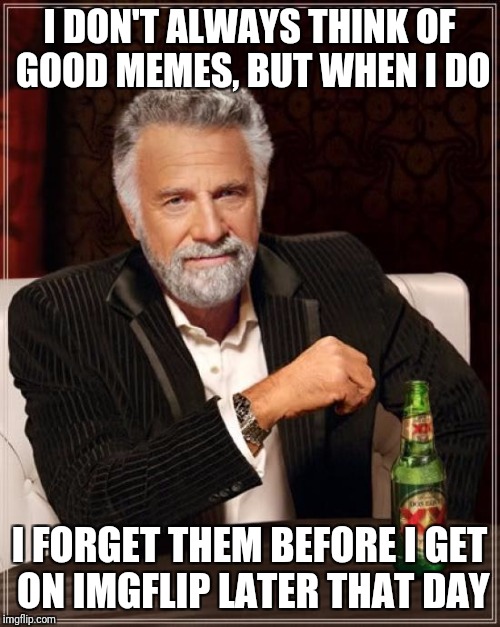 The Most Interesting Man In The World Meme | I DON'T ALWAYS THINK OF GOOD MEMES, BUT WHEN I DO; I FORGET THEM BEFORE I GET ON IMGFLIP LATER THAT DAY | image tagged in memes,the most interesting man in the world | made w/ Imgflip meme maker