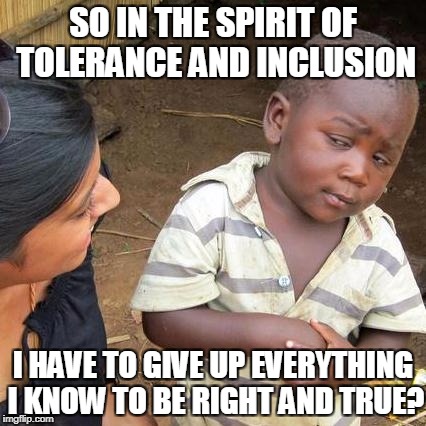 Leftism Ultimately Strips You Of Your Freedom To Choose The Right Thing Except By Your Life | SO IN THE SPIRIT OF TOLERANCE AND INCLUSION; I HAVE TO GIVE UP EVERYTHING I KNOW TO BE RIGHT AND TRUE? | image tagged in memes,third world skeptical kid,leftists,progressives | made w/ Imgflip meme maker