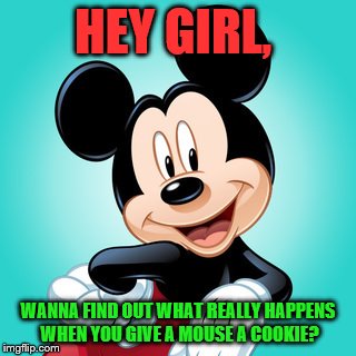 Bad Mickey! | HEY GIRL, WANNA FIND OUT WHAT REALLY HAPPENS WHEN YOU GIVE A MOUSE A COOKIE? | image tagged in mickey mouse,cookie,story,mouse,disney,hey girl | made w/ Imgflip meme maker