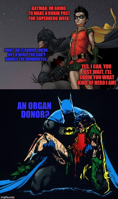 A true hero. Superhero Week, a Pipe_Picasso and Madolite event Nov 12-18th. | BATMAN, IM GOING TO MAKE A ROBIN POST FOR SUPERHERO WEEK. DON'T DO IT ROBIN, YOU'RE NOT A HERO. YOU CAN'T HANDLE THE DOWNVOTES. YES, I CAN. YOU JUST WAIT, I'LL SHOW YOU WHAT KIND OF HERO I AM! AN ORGAN DONOR? | image tagged in superhero week,natman and robin,memes,downvotes,superheroes | made w/ Imgflip meme maker