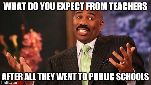 Steve Harvey Meme | WHAT DO YOU EXPECT FROM TEACHERS AFTER ALL THEY WENT TO PUBLIC SCHOOLS | image tagged in memes,steve harvey | made w/ Imgflip meme maker