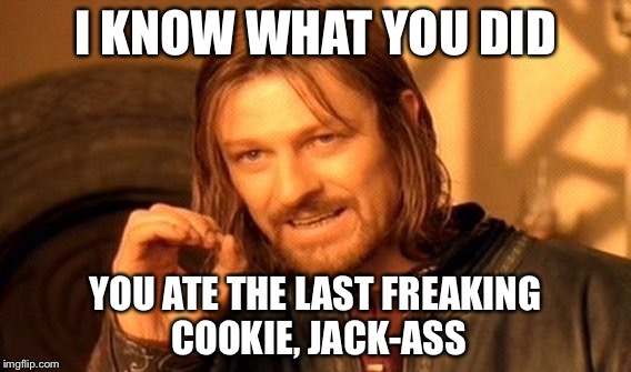 One Does Not Simply Meme | I KNOW WHAT YOU DID; YOU ATE THE LAST FREAKING COOKIE, JACK-ASS | image tagged in memes,one does not simply | made w/ Imgflip meme maker
