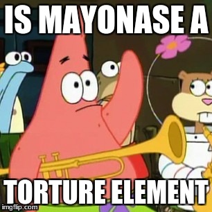 No Patrick Meme | IS MAYONASE A; TORTURE ELEMENT | image tagged in memes,no patrick | made w/ Imgflip meme maker