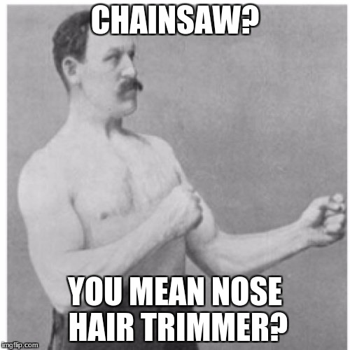 Overly Manly Man Meme | CHAINSAW? YOU MEAN NOSE HAIR TRIMMER? | image tagged in memes,overly manly man | made w/ Imgflip meme maker