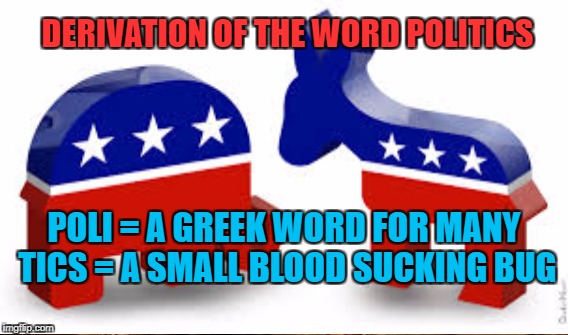 Smothers Bros Kudos | DERIVATION OF THE WORD POLITICS; POLI = A GREEK WORD FOR MANY  TICS = A SMALL BLOOD SUCKING BUG | image tagged in truth | made w/ Imgflip meme maker