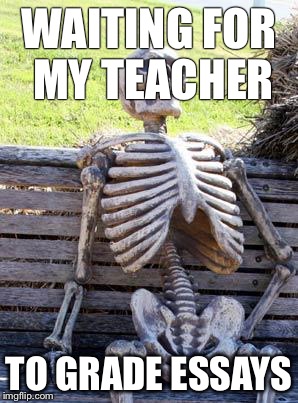 Waiting Skeleton Meme | WAITING FOR MY TEACHER; TO GRADE ESSAYS | image tagged in memes,waiting skeleton | made w/ Imgflip meme maker