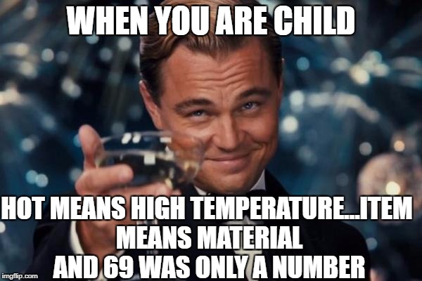 Leonardo Dicaprio Cheers | WHEN YOU ARE CHILD; HOT MEANS HIGH TEMPERATURE...ITEM MEANS MATERIAL AND 69 WAS ONLY A NUMBER | image tagged in memes,leonardo dicaprio cheers | made w/ Imgflip meme maker