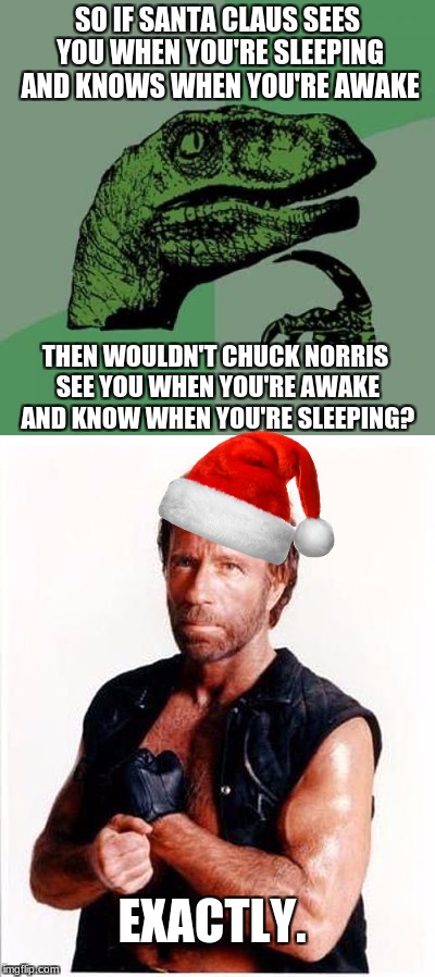 Chuck Norris and the Philosoraptor Christmas Meme | SO IF SANTA CLAUS SEES YOU WHEN YOU'RE SLEEPING AND KNOWS WHEN YOU'RE AWAKE; THEN WOULDN'T CHUCK NORRIS SEE YOU WHEN YOU'RE AWAKE AND KNOW WHEN YOU'RE SLEEPING? EXACTLY. | image tagged in memes,chuck norris,christmas,philosoraptor,santa claus | made w/ Imgflip meme maker