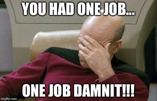 Captain Picard Facepalm | YOU HAD ONE JOB... ONE JOB DAMNIT!!! | image tagged in memes,captain picard facepalm | made w/ Imgflip meme maker