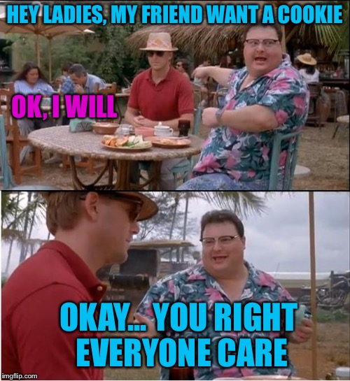 See everyone care | HEY LADIES, MY FRIEND WANT A COOKIE; OK, I WILL; OKAY... YOU RIGHT EVERYONE CARE | image tagged in memes,see nobody cares | made w/ Imgflip meme maker