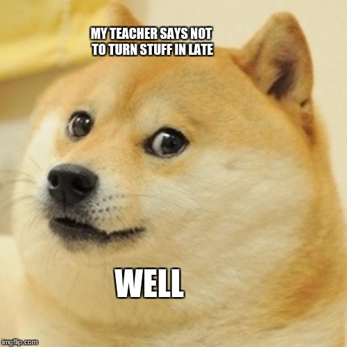 Doge Meme | MY TEACHER SAYS NOT TO TURN STUFF IN LATE; WELL | image tagged in memes,doge | made w/ Imgflip meme maker