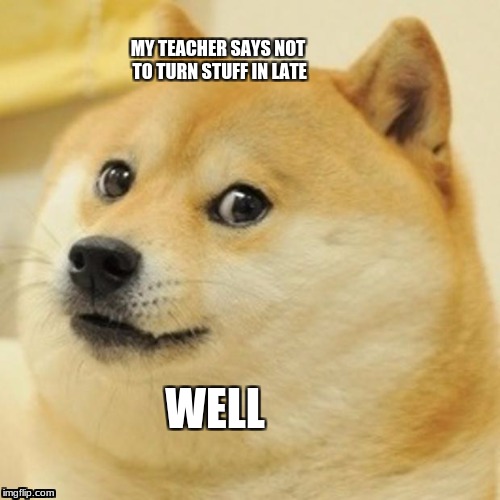 Doge | MY TEACHER SAYS NOT TO TURN STUFF IN LATE; WELL | image tagged in memes,doge | made w/ Imgflip meme maker