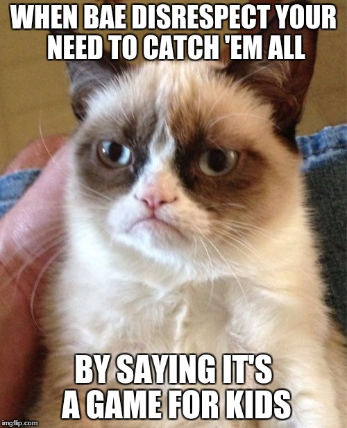 Grumpy Cat | WHEN BAE DISRESPECT YOUR NEED TO CATCH 'EM ALL; BY SAYING IT'S A GAME FOR KIDS | image tagged in memes,grumpy cat | made w/ Imgflip meme maker