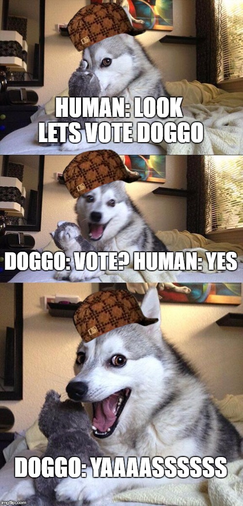 Bad Pun Dog Meme | HUMAN: LOOK LETS VOTE DOGGO; DOGGO: VOTE?
HUMAN: YES; DOGGO: YAAAASSSSSS | image tagged in memes,bad pun dog,scumbag | made w/ Imgflip meme maker
