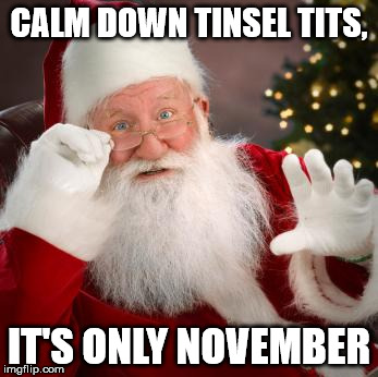 Santa Calm Down | CALM DOWN TINSEL TITS, IT'S ONLY NOVEMBER | image tagged in santa calm down | made w/ Imgflip meme maker