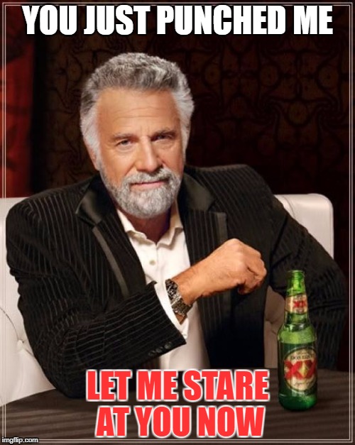 The Most Interesting Man In The World | YOU JUST PUNCHED ME; LET ME STARE AT YOU NOW | image tagged in memes,the most interesting man in the world | made w/ Imgflip meme maker