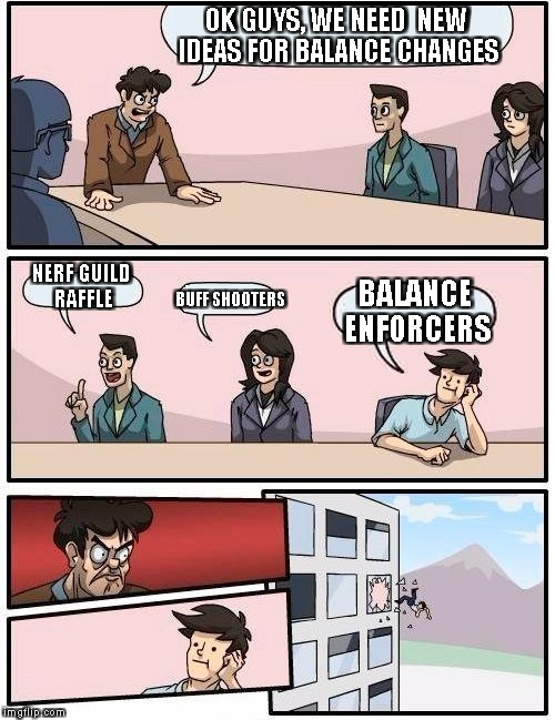Boardroom Meeting Suggestion Meme | OK GUYS, WE NEED  NEW IDEAS FOR BALANCE CHANGES; NERF GUILD RAFFLE; BUFF SHOOTERS; BALANCE ENFORCERS | image tagged in memes,boardroom meeting suggestion | made w/ Imgflip meme maker