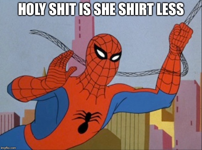 Swinging through the city  | HOLY SHIT IS SHE SHIRT LESS | image tagged in spiderman | made w/ Imgflip meme maker