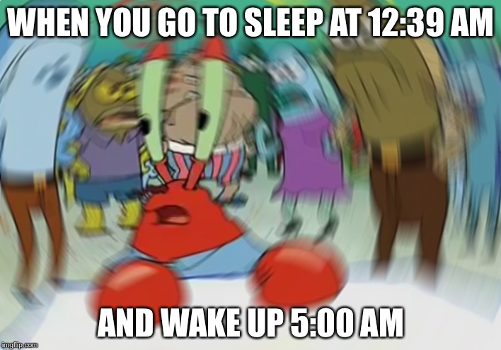 Mr Krabs Blur Meme | WHEN YOU GO TO SLEEP AT 12:39 AM; AND WAKE UP 5:00 AM | image tagged in memes,mr krabs blur meme | made w/ Imgflip meme maker