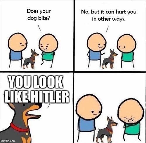 does your dog bite | YOU LOOK LIKE HITLER | image tagged in does your dog bite | made w/ Imgflip meme maker
