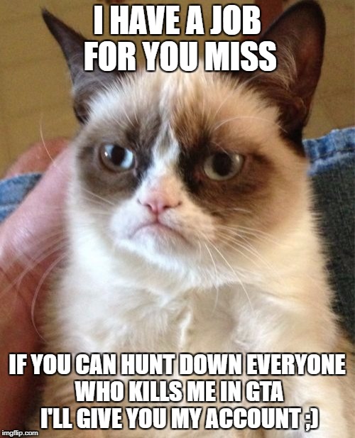 Grumpy Cat Meme | I HAVE A JOB FOR YOU MISS IF YOU CAN HUNT DOWN EVERYONE WHO KILLS ME IN GTA I'LL GIVE YOU MY ACCOUNT ;) | image tagged in memes,grumpy cat | made w/ Imgflip meme maker