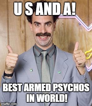 borat | U S AND A! BEST ARMED PSYCHOS IN WORLD! | image tagged in borat | made w/ Imgflip meme maker