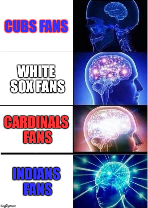 Residents of Cleveland, South side of Chicago, and St. Louis agree with me | CUBS FANS; WHITE SOX FANS; CARDINALS FANS; INDIANS FANS | image tagged in memes,expanding brain,chicago white sox,chicago cubs,st louis cardinals,cleveland indians | made w/ Imgflip meme maker