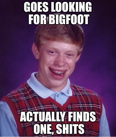 Startrick  | GOES LOOKING FOR BIGFOOT; ACTUALLY FINDS ONE, SHITS | image tagged in memes,bad luck brian,big foot,woods,adventure time,loser | made w/ Imgflip meme maker