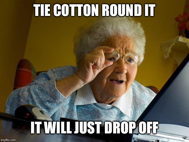 Grandma Finds The Internet Meme | TIE COTTON ROUND IT IT WILL JUST DROP OFF | image tagged in memes,grandma finds the internet | made w/ Imgflip meme maker