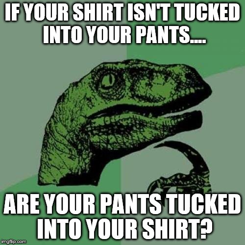 Philosoraptor | IF YOUR SHIRT ISN'T TUCKED INTO YOUR PANTS.... ARE YOUR PANTS TUCKED INTO YOUR SHIRT? | image tagged in memes,philosoraptor | made w/ Imgflip meme maker