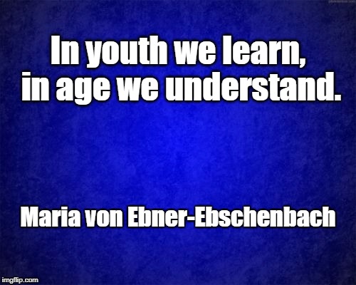 blue background | In youth we learn, in age we understand. Maria von Ebner-Ebschenbach | image tagged in blue background | made w/ Imgflip meme maker