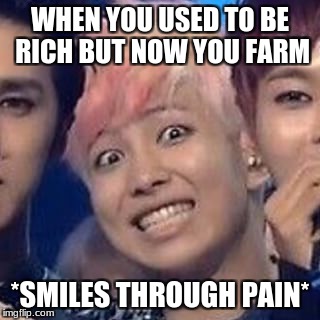 Rap Monster Derp | WHEN YOU USED TO BE RICH BUT NOW YOU FARM; *SMILES THROUGH PAIN* | image tagged in rap monster derp | made w/ Imgflip meme maker