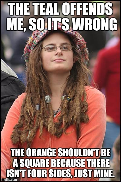 THE TEAL OFFENDS ME, SO IT'S WRONG THE ORANGE SHOULDN'T BE A SQUARE BECAUSE THERE ISN'T FOUR SIDES, JUST MINE. | made w/ Imgflip meme maker