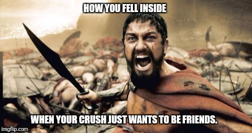 Sparta Leonidas Meme | HOW YOU FELL INSIDE; WHEN YOUR CRUSH JUST WANTS TO BE FRIENDS. | image tagged in memes,sparta leonidas,rejected,crush,relationships | made w/ Imgflip meme maker