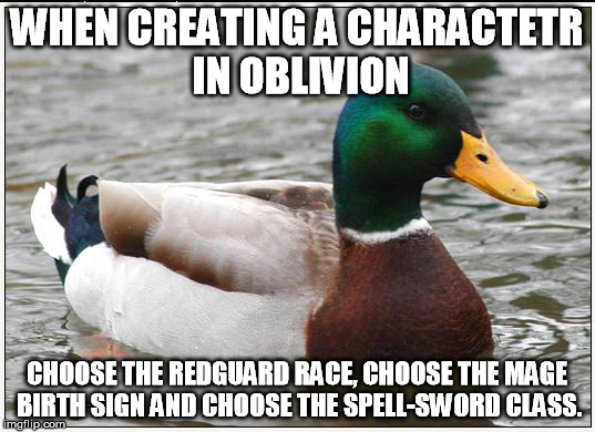 Actual Advice Mallard | WHEN CREATING A CHARACTETR IN OBLIVION; CHOOSE THE REDGUARD RACE, CHOOSE THE MAGE BIRTH SIGN AND CHOOSE THE SPELL-SWORD CLASS. | image tagged in memes,actual advice mallard | made w/ Imgflip meme maker