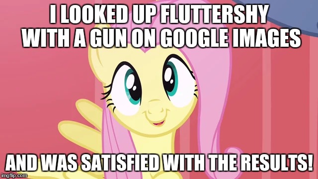 I LOOKED UP FLUTTERSHY WITH A GUN ON GOOGLE IMAGES; AND WAS SATISFIED WITH THE RESULTS! | made w/ Imgflip meme maker
