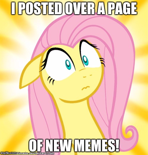 Shocked Fluttershy | I POSTED OVER A PAGE; OF NEW MEMES! | image tagged in shocked fluttershy | made w/ Imgflip meme maker