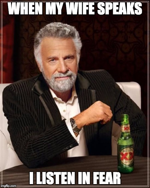The Most Interesting Man In The World | WHEN MY WIFE SPEAKS; I LISTEN IN FEAR | image tagged in memes,the most interesting man in the world | made w/ Imgflip meme maker