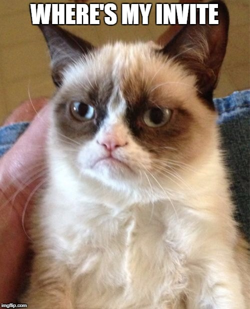 Grumpy Cat Meme | WHERE'S MY INVITE | image tagged in memes,grumpy cat | made w/ Imgflip meme maker