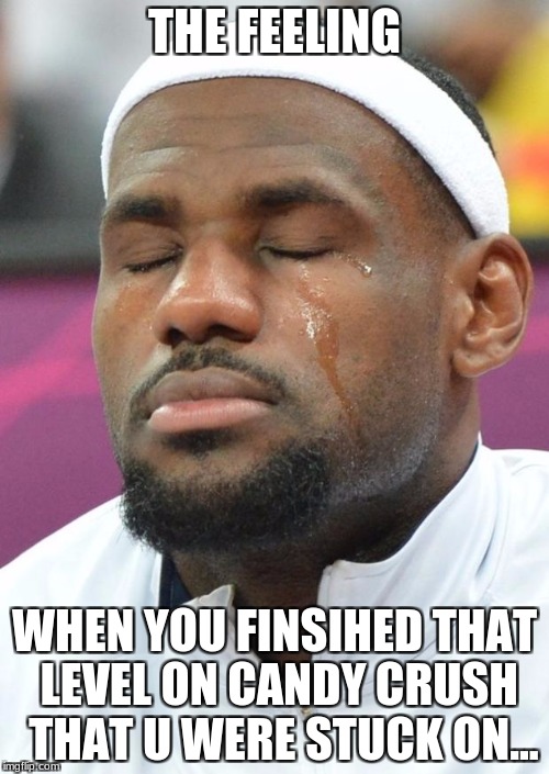 lebron james crying |  THE FEELING; WHEN YOU FINSIHED THAT LEVEL ON CANDY CRUSH  THAT U WERE STUCK ON... | image tagged in lebron james crying | made w/ Imgflip meme maker