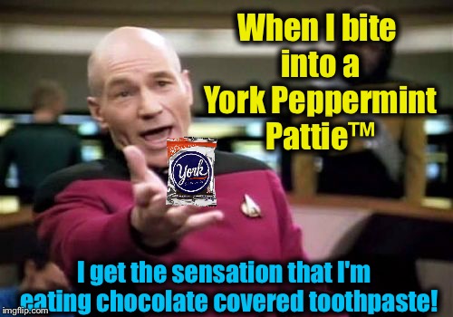 I try one every holiday season and it still just tastes like this..... | When I bite into a York Peppermint Pattie™; I get the sensation that I'm  eating chocolate covered toothpaste! | image tagged in memes,picard wtf,evilmandoevil,funny | made w/ Imgflip meme maker
