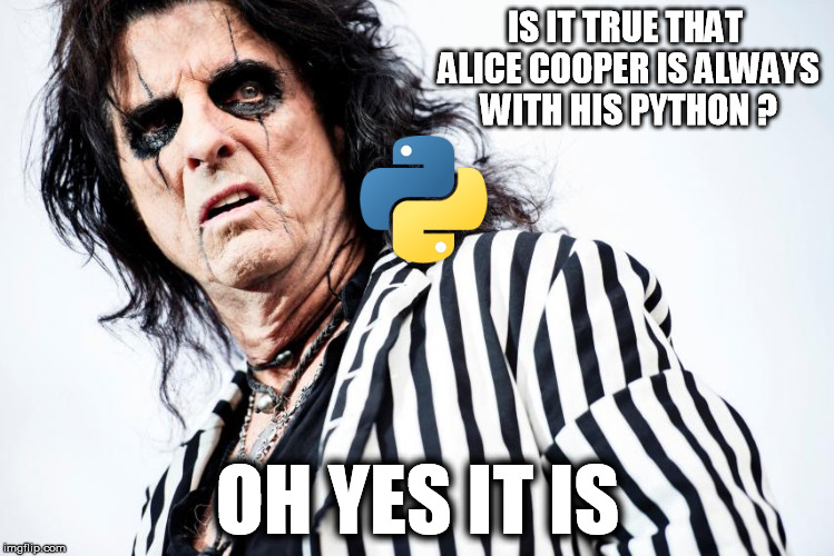 Alice python 2.7 | IS IT TRUE THAT ALICE COOPER IS ALWAYS WITH HIS PYTHON ? OH YES IT IS | image tagged in alice cooper,python,programming,alice,cooper,language | made w/ Imgflip meme maker