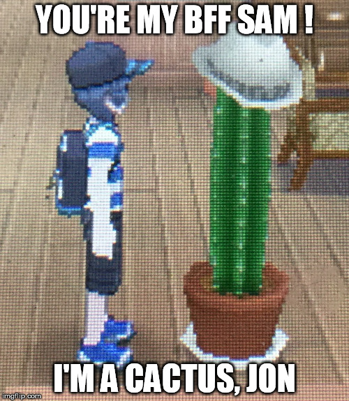 Best friend | YOU'RE MY BFF SAM ! I'M A CACTUS, JON | image tagged in forever alone pokemon sun and moon,cactus,bff,alone,forever alone,pokemon | made w/ Imgflip meme maker