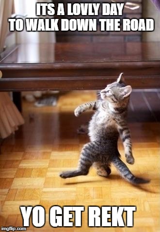 Cool Cat Stroll Meme | ITS A LOVLY DAY TO WALK DOWN THE ROAD; YO GET REKT | image tagged in memes,cool cat stroll | made w/ Imgflip meme maker