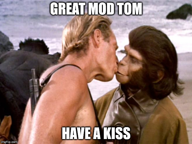 Planet of the apes kiss | GREAT MOD TOM; HAVE A KISS | image tagged in planet of the apes kiss | made w/ Imgflip meme maker