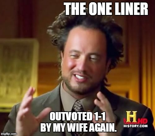Ancient Aliens Meme | THE ONE LINER; OUTVOTED 1-1 BY MY WIFE AGAIN. | image tagged in memes,ancient aliens | made w/ Imgflip meme maker