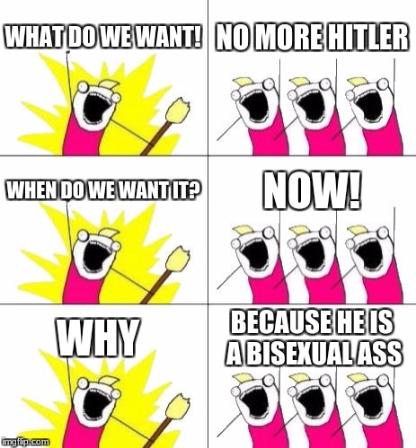 What Do We Want 3 Meme | WHAT DO WE WANT! NO MORE HITLER; WHEN DO WE WANT IT? NOW! WHY; BECAUSE HE IS A BISEXUAL ASS | image tagged in memes,what do we want 3 | made w/ Imgflip meme maker