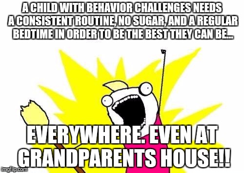 X All The Y Meme | A CHILD WITH BEHAVIOR CHALLENGES NEEDS A CONSISTENT ROUTINE, NO SUGAR, AND A REGULAR BEDTIME IN ORDER TO BE THE BEST THEY CAN BE... EVERYWHERE. EVEN AT GRANDPARENTS HOUSE!! | image tagged in memes,x all the y | made w/ Imgflip meme maker