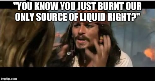 Why Is The Rum Gone Meme | "YOU KNOW YOU JUST BURNT OUR ONLY SOURCE OF LIQUID RIGHT?" | image tagged in memes,why is the rum gone | made w/ Imgflip meme maker