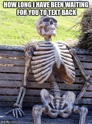 Waiting Skeleton | HOW LONG I HAVE BEEN WAITING FOR YOU TO TEXT BACK | image tagged in memes,waiting skeleton | made w/ Imgflip meme maker